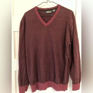 Burgundy and black strip long sleeve v neck shirt. Really warm. 100% wool.